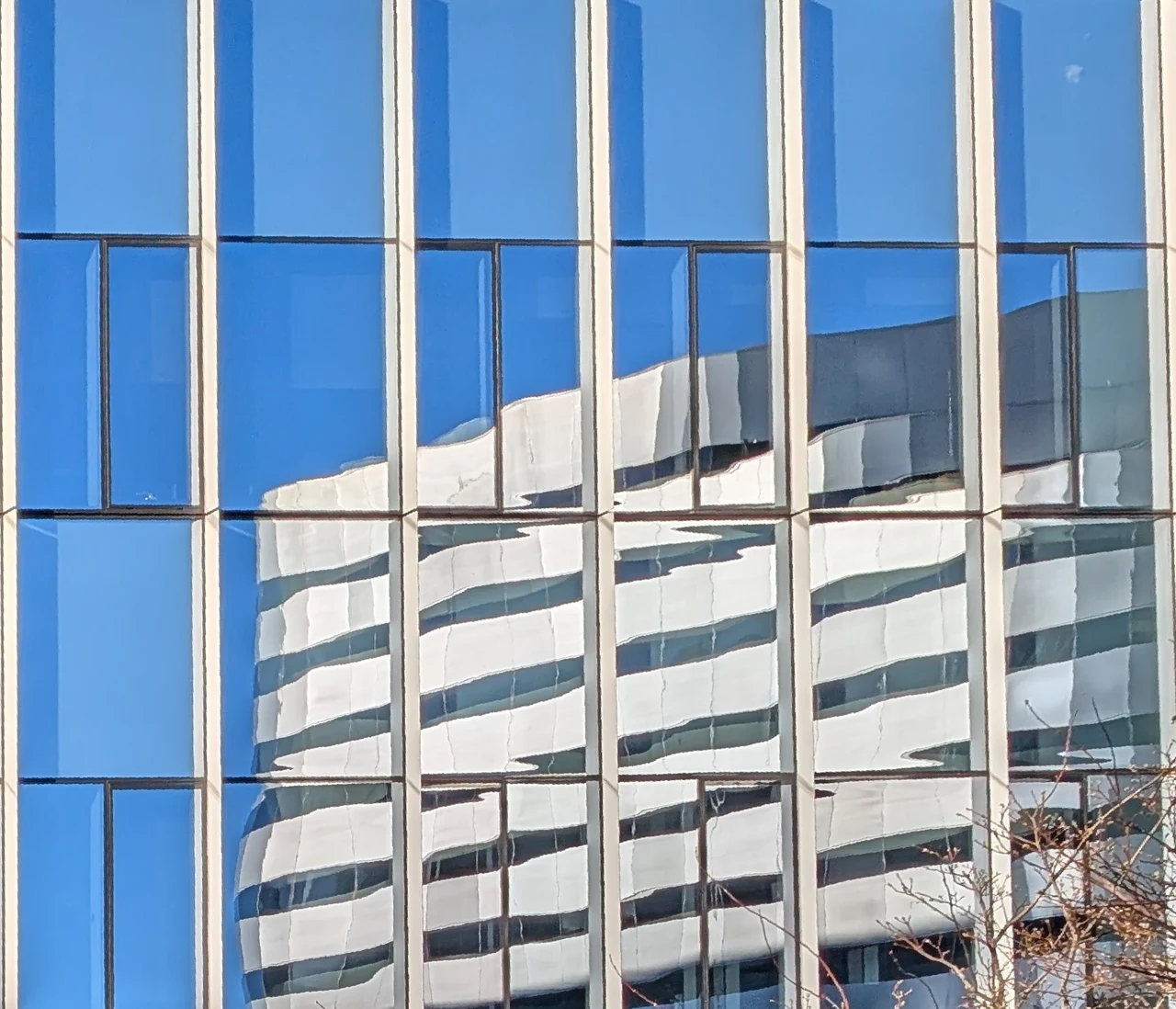 White architectural forms crossing a saturated blue window grid.