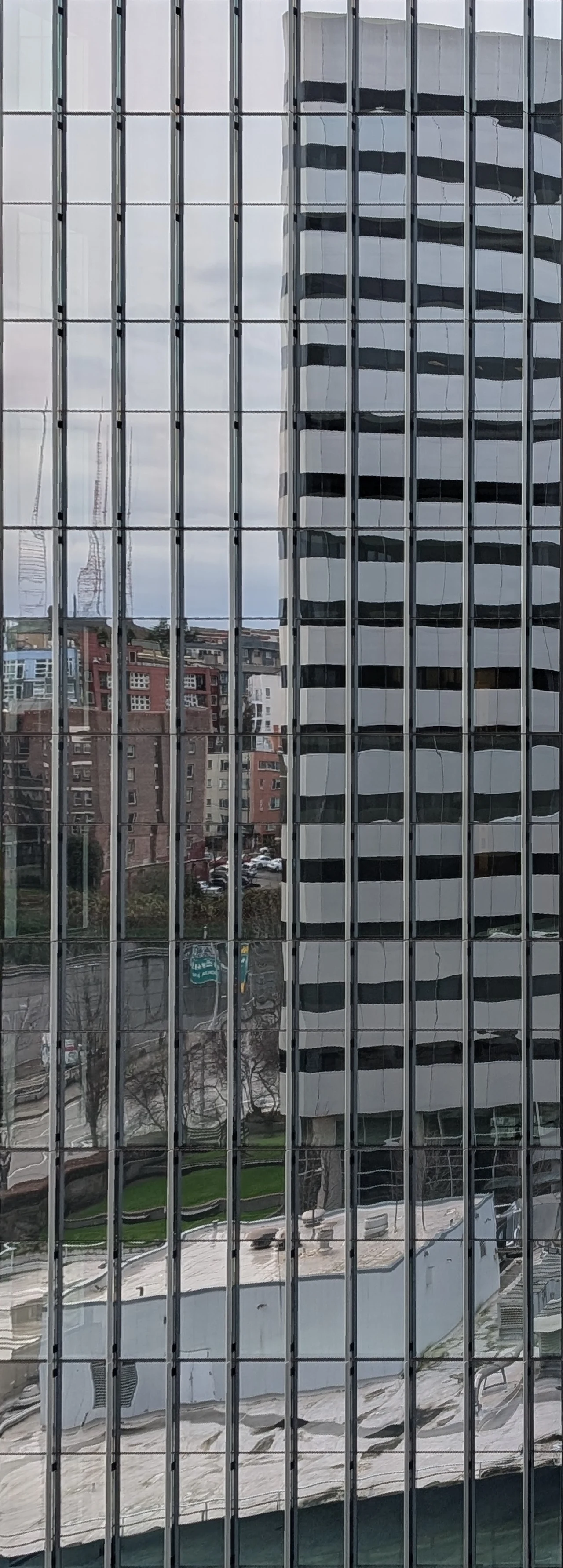 Narrow vertical panes reflecting the street in silver and green.